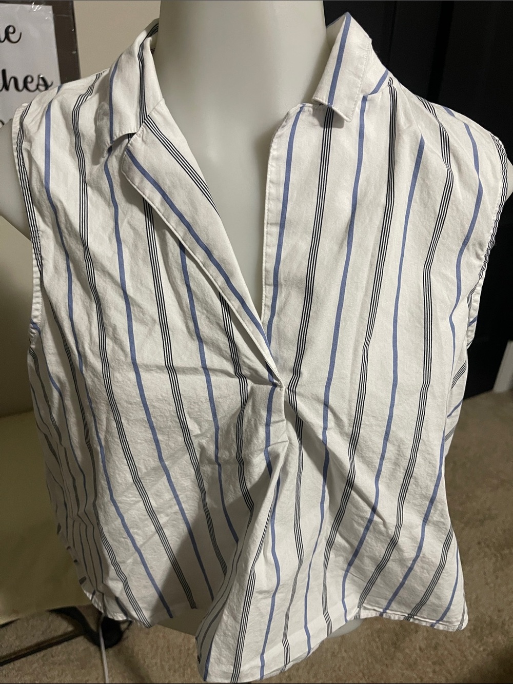 Banana Republic White Sleeveless Blouse with Blue & Black Stripes